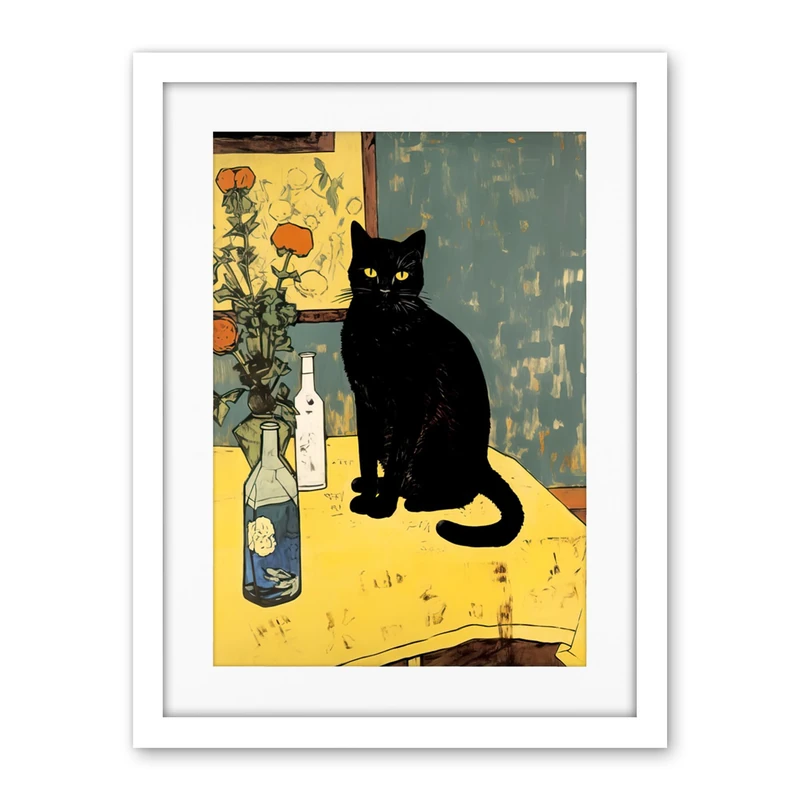 Artery8 Simple Black Cat on Yellow Table Oil Painting Van Gogh Style Flowers Artwork Framed Wall Art Print 18X24 Inch