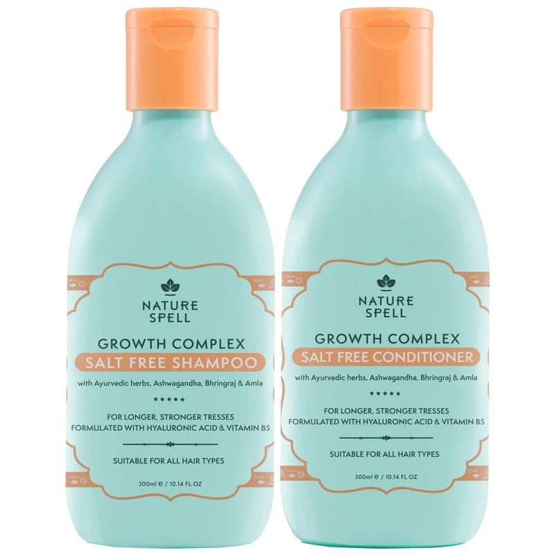 Nature Spell Hair Growth Complex Shampoo and Conditioner Set, Nourishing and Strengthening, Infused with Hyaluronic Acid and Vitamin B5, For All Hair Types, Vegan, Pack of 2, 300ml Each
