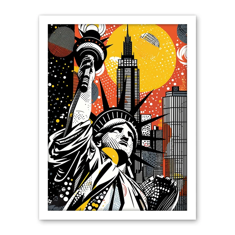 Artery8 New York Collage Halftone Pop Art Comic Book Statue of Liberty Skyscraper Abstract Artwork Framed Wall Art Print 18X24 Inch