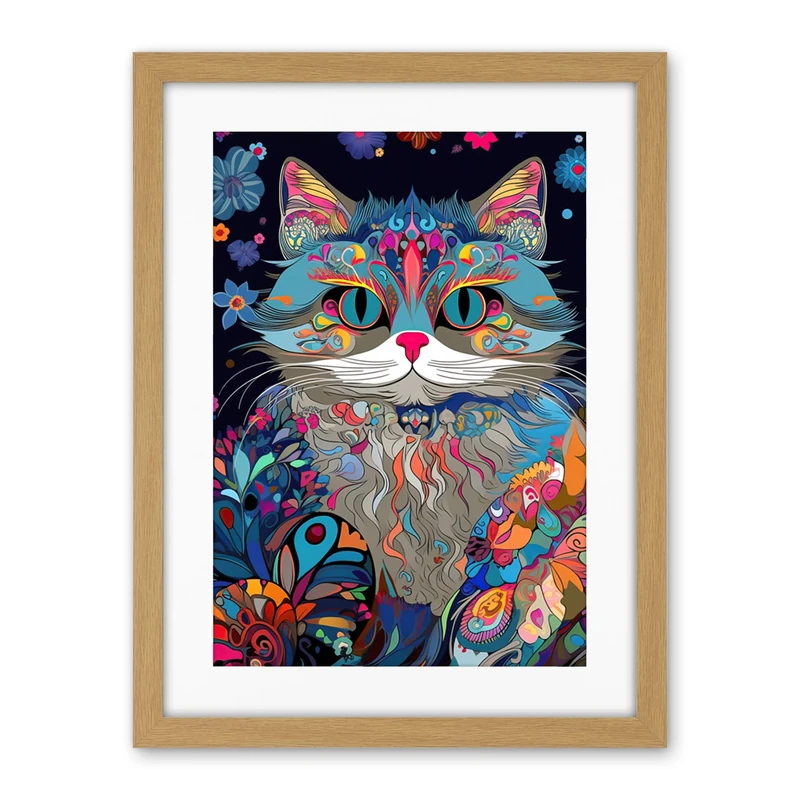Artery8 Alice in Wonderland Original Cheshire Cat Colourful Psychedelic Floral Pattern Artwork Framed Wall Art Print 18X24 Inch