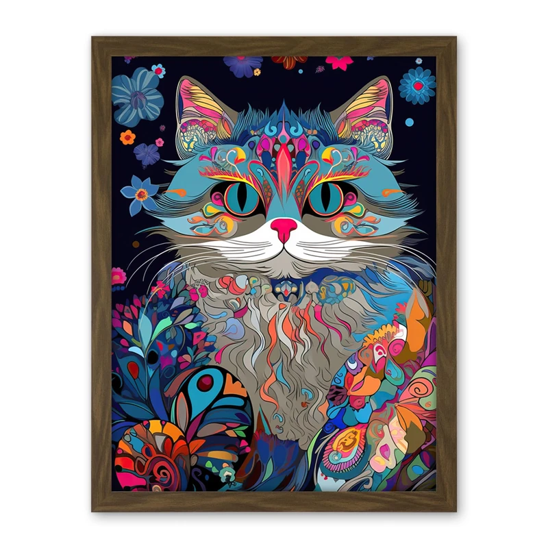 Artery8 Alice in Wonderland Original Cheshire Cat Colourful Psychedelic Floral Pattern Artwork Framed Wall Art Print 18X24 Inch