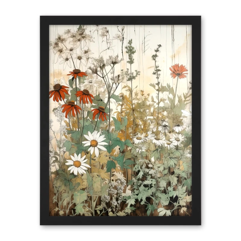 Artery8 Wildflowers Vintage Watercolour Painting Red White Daisy Flowers Spring Field Artwork Framed Wall Art Print 18X24 Inch