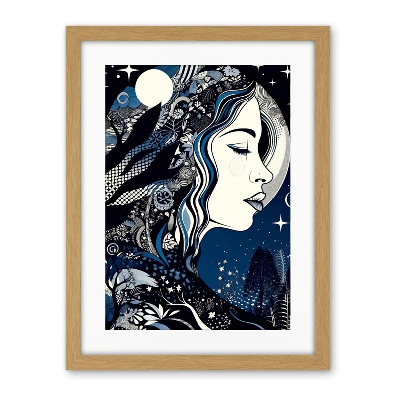 Artery8 New Moon Goddess Winter Moonlit Witchy Forest Starry Night Mother Nature Boho Patterns Artwork Framed Wall Art Print 18X24 Inch