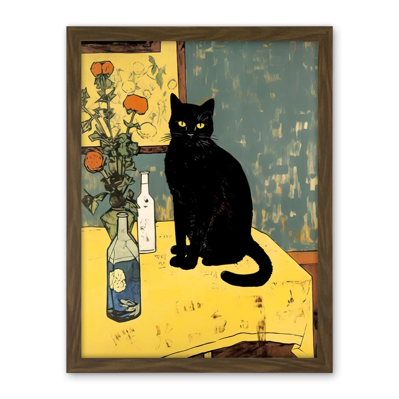 Artery8 Simple Black Cat on Yellow Table Oil Painting Van Gogh Style Flowers Artwork Framed Wall Art Print 18X24 Inch - Image 1