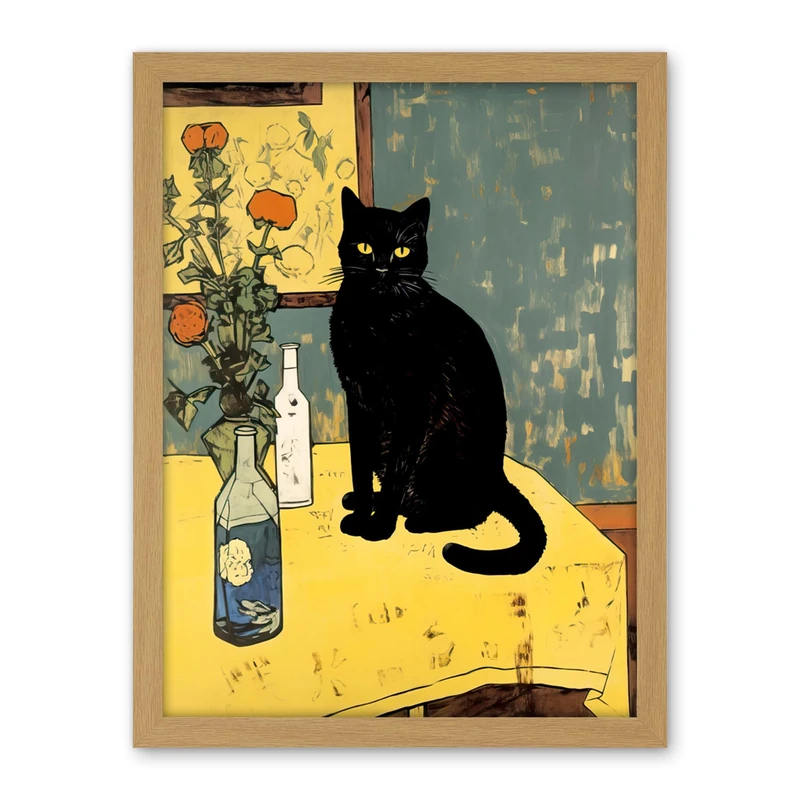 Artery8 Simple Black Cat on Yellow Table Oil Painting Van Gogh Style Flowers Artwork Framed Wall Art Print 18X24 Inch