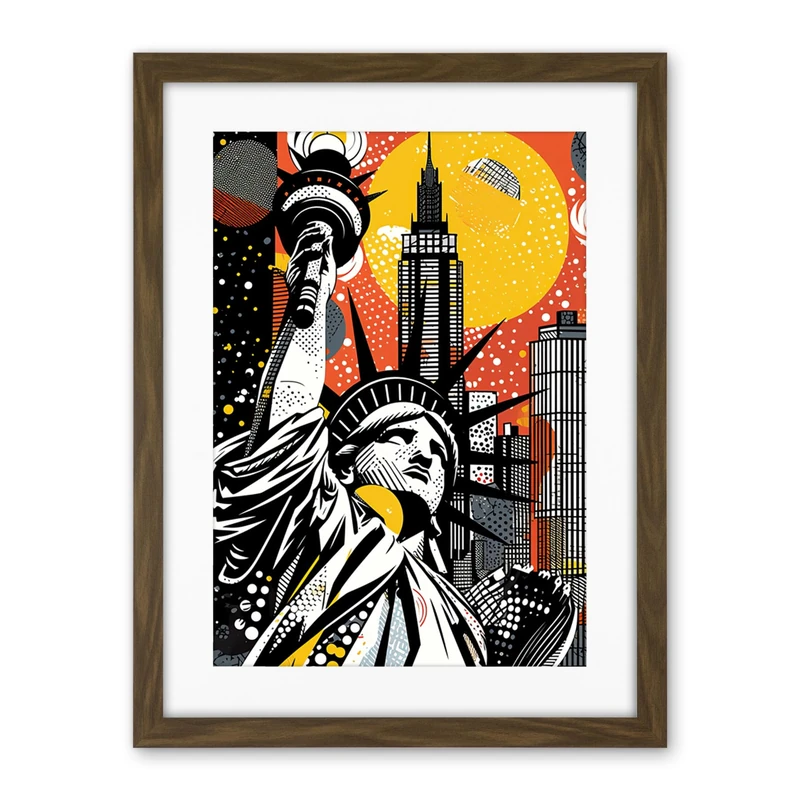Artery8 New York Collage Halftone Pop Art Comic Book Statue of Liberty Skyscraper Abstract Artwork Framed Wall Art Print 18X24 Inch
