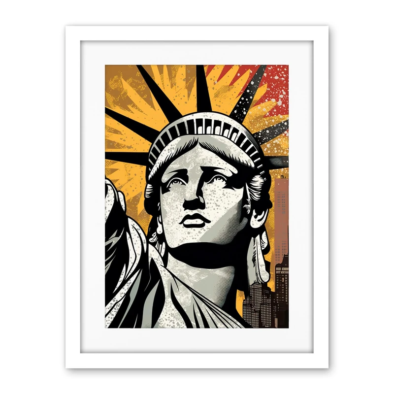 Artery8 Statue of Liberty Comic Book Style Black Red Yellow New York City Skyscraper Artwork Framed Wall Art Print 18X24 Inch