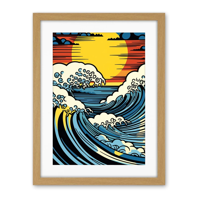 Artery8 Great Waves Linocut Comic Book Style Seascape Sunset Polka Dot Halftone Artwork Framed Wall Art Print 18X24 Inch