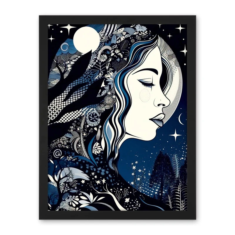 Artery8 New Moon Goddess Winter Moonlit Witchy Forest Starry Night Mother Nature Boho Patterns Artwork Framed Wall Art Print 18X24 Inch