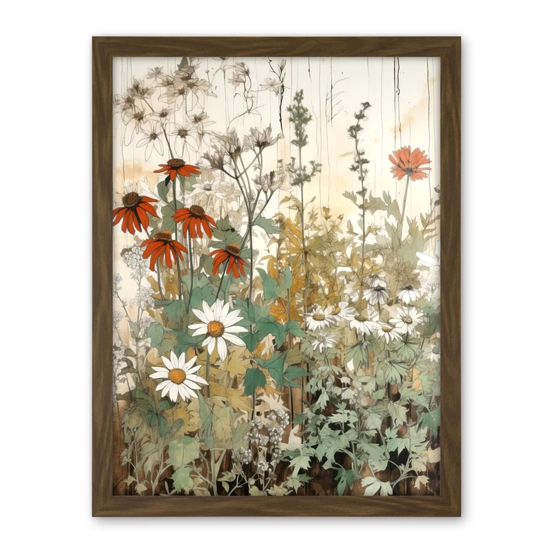 Artery8 Wildflowers Vintage Watercolour Painting Red White Daisy Flowers Spring Field Artwork Framed Wall Art Print 18X24 Inch