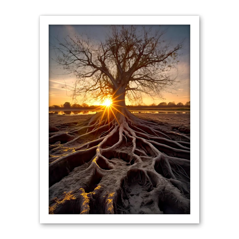 Artery8 Sunset on Ancient Tree Atmospheric Photograph Large Roots Autumn Artwork Framed Wall Art Print 18X24 Inch