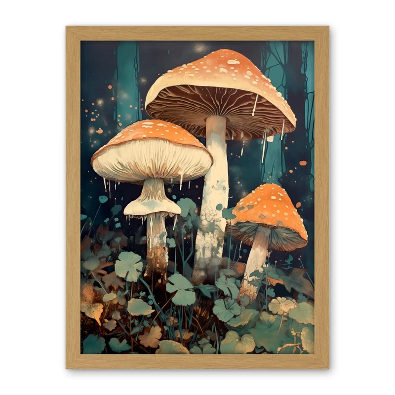Artery8 Mushroom Fungi Watercolour Painting Magical Forest Pastel Clover Field Kitchen Artwork Framed Wall Art Print 18X24 Inch