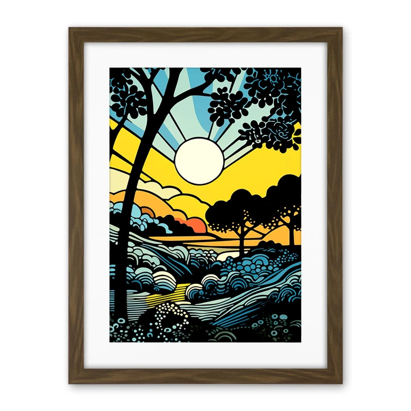 Artery8 Forest Sunrise Landscape Sun Rays Patterns Blue Orange Pop Art Comic Book Halftone Artwork Framed Wall Art Print 18X24 Inch