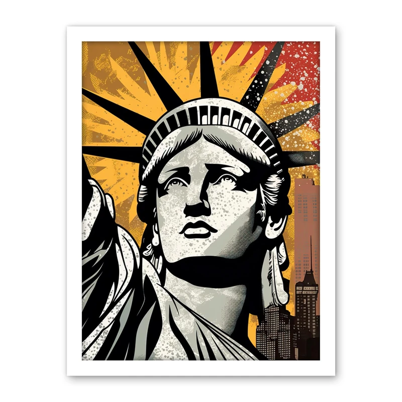 Artery8 Statue of Liberty Comic Book Style Black Red Yellow New York City Skyscraper Artwork Framed Wall Art Print 18X24 Inch