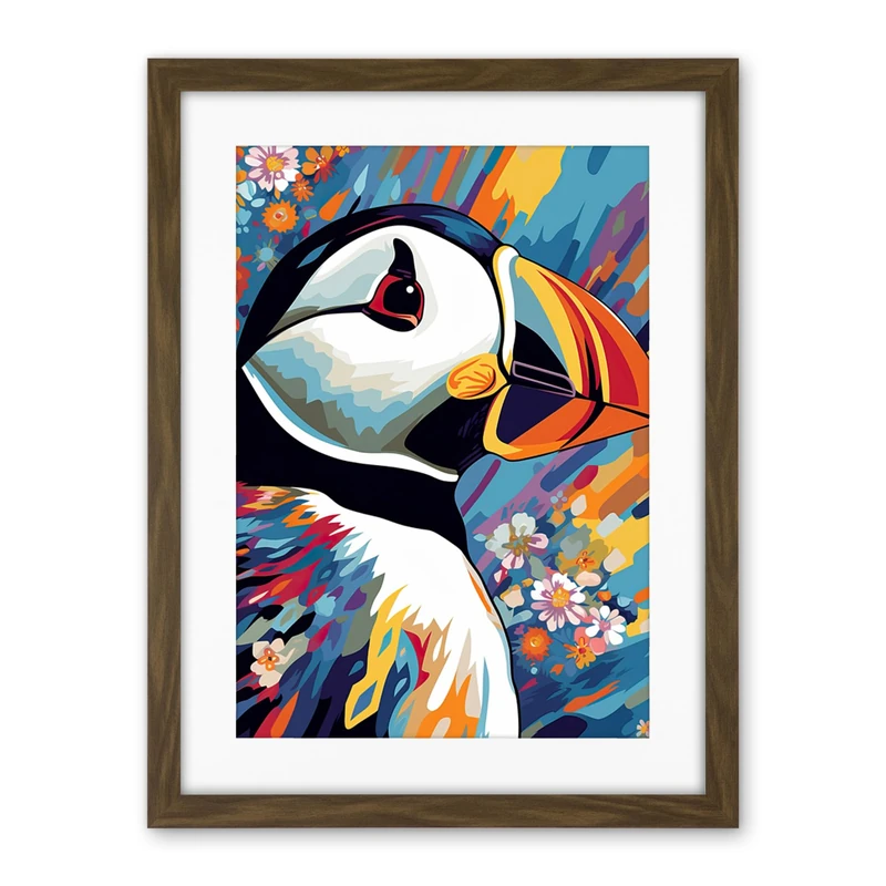 Artery8 Puffin and Flowers Acrylic Paint Vibrant Colour Brushes Psychedelic Sea Bird Artwork Framed Wall Art Print 18X24 Inch