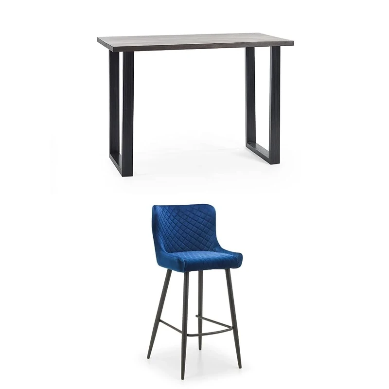 Julian Bowen Set of Set Of Brooklyn Dark Oak Bar Table And 2 Luxe Blue Bar Stools