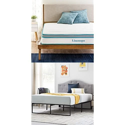 Linenspa King size Bed with Mattress included – Modern Metal Bed Frame and 20 cm Hybrid Mattress with Memory Foam and Coil Springs – Medium Firm Feel, 150 x 200 cm