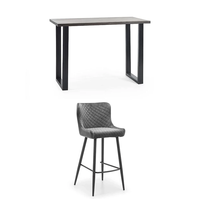 Julian Bowen Set of Set Of Brooklyn Dark Oak Bar Table And 2 Luxe Grey Bar Stools