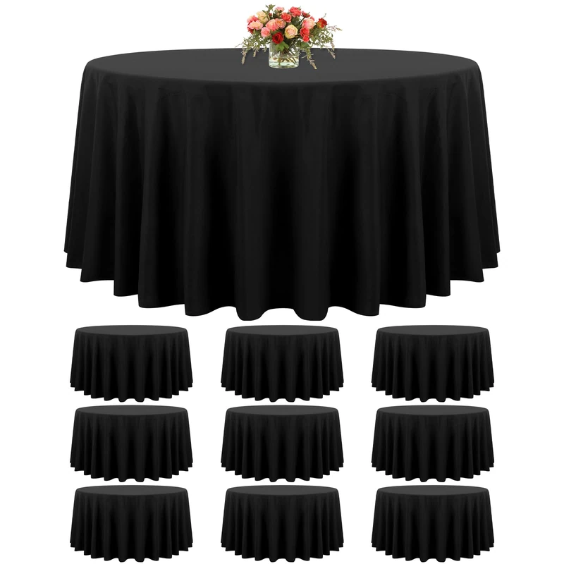 FXKS 10 Pack Black Round Tablecloth 120 inch Circle Polyester Table Cloth, Stain and Wrinkle Resistant Table Cover, Washable Fabric Round Table Clothes for Wedding Banquet Party Restaurant Dining