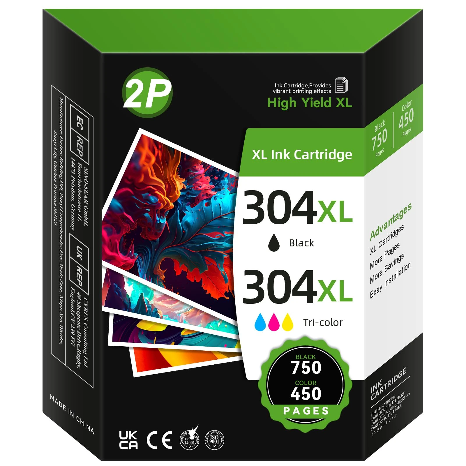 304 Ink Cartridges Combo Pack High Yield Remanufactured for HP 304XL Ink Cartridge, 304 Ink Cartridges Black and Colour for 2630 2600 2632 3760 2620 2622 3762 3720, for 5010 5030 5055 5020 (2-Pack)