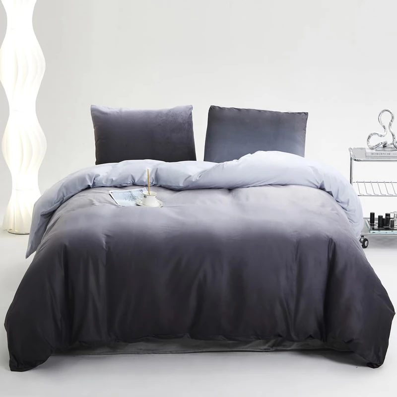 karever Gray White Gradient Comforter Set Full Gray Velvet Bedding Comforter Modern Plain White and Deep Gray Gradient Soft Quilt Farmhouse Flannel Comforter Warm Full Bed Comforter