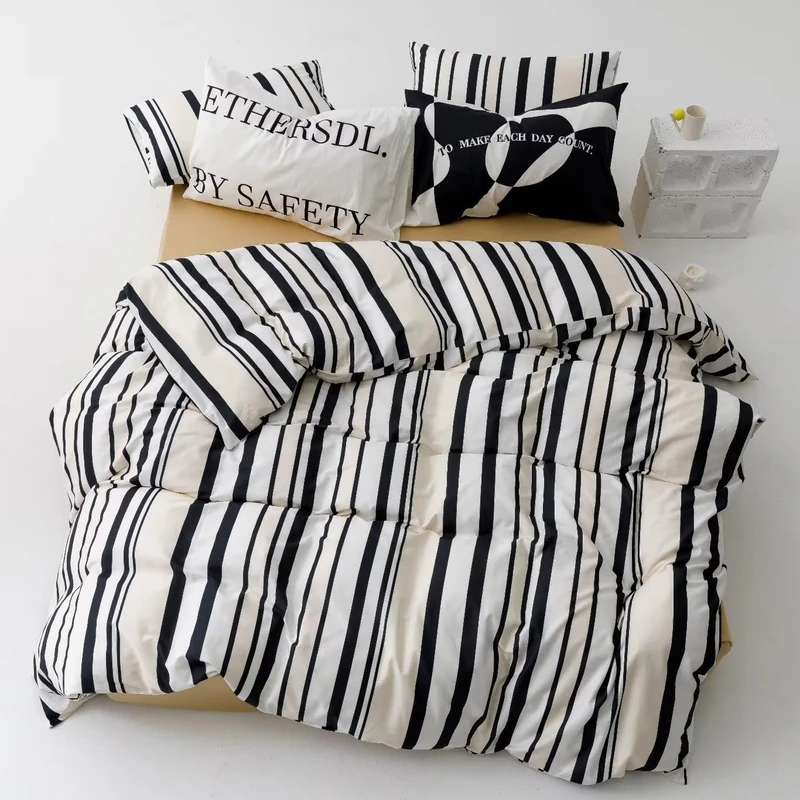 karever Striped Comforter Set Queen Black and White Comforter Men Women Modern Chic Stripes Bed Comforters Beige Black Striped Queen Ticking Bedding Comforter Set All Season Hotel Quality Bed Set