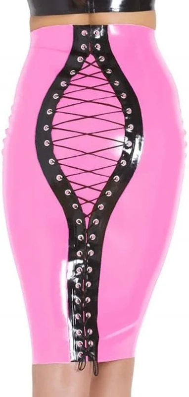 GOCTRN Woman Pencil Skirts Bodycon High Waisted Lace Up Open Skirt Summer PVC Latex Leather Skinny Mini Skirts,Pink,S