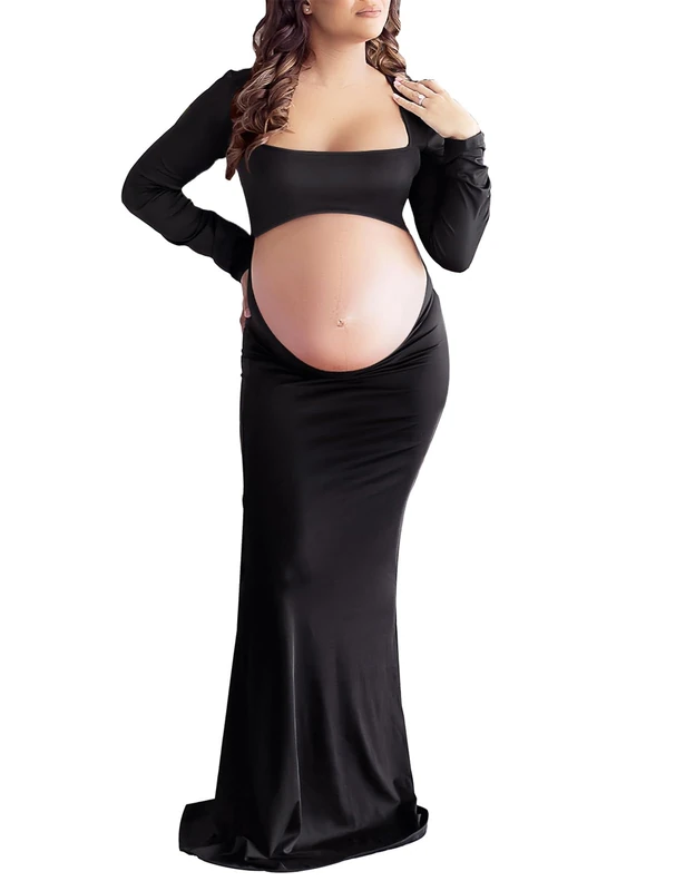 Dedysler Maternity Dress for Photos Open Belly Photoshoot Gown Blackless Photography Pregnancy Baby Shower High Strechy, 52-Black, L - Image 1
