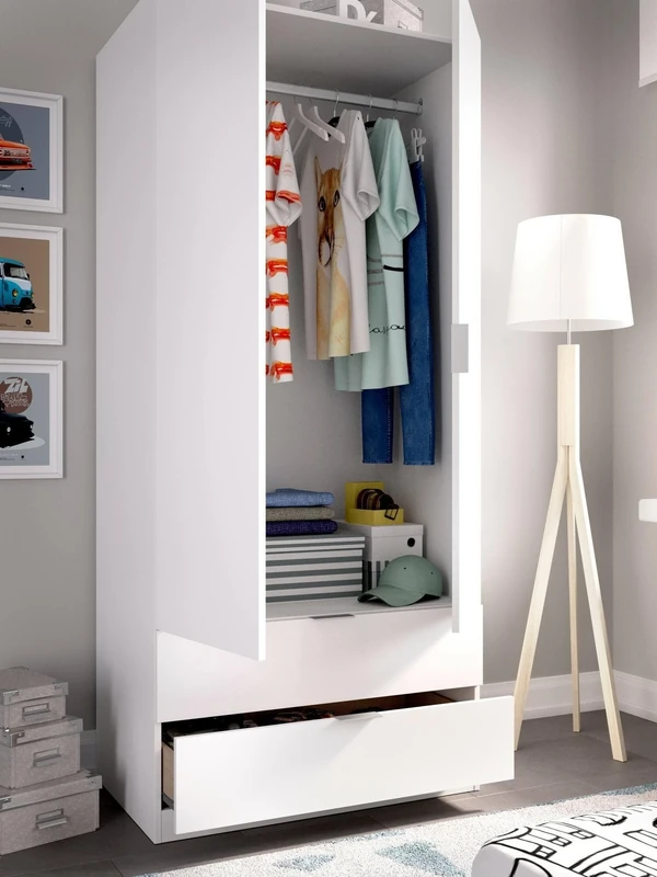 DMORA - Wardrobe Pisanino, Coat rack for bedroom, Wardrobe with 2 hinged doors and 2 drawers, 81x52h184 cm, White