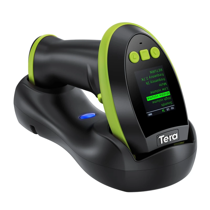 Tera Barcode Scanner with Digital Setting Screen & Keypad, Pro Version Extra Fast Scanning Speed, Works with Bluetooth 2.4G Wireless & USB Wired, 1D 2D QR Handheld Bar Code Reader Model HW0009 Green