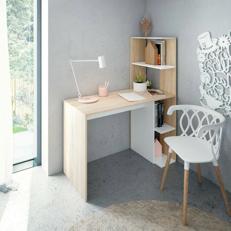 DMORA - Desk Pittston, Linear desk with bookcase, Space-saving multipurpose office table, 110x52h136 cm, White and Oak