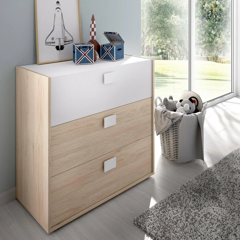 DMORA - Chest of drawers Sella, Chest of drawers for bedroom, Chest of drawers with 3 drawers, 80x43h81 cm, Oak and White