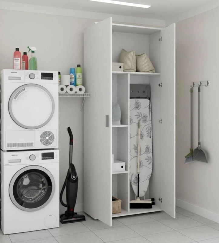 DMORA - 2 doors Multipurpose cabinet Forcola, Multifunctional broom holder cabinet, Shoe wardrobe, 78x35h190 cm, White