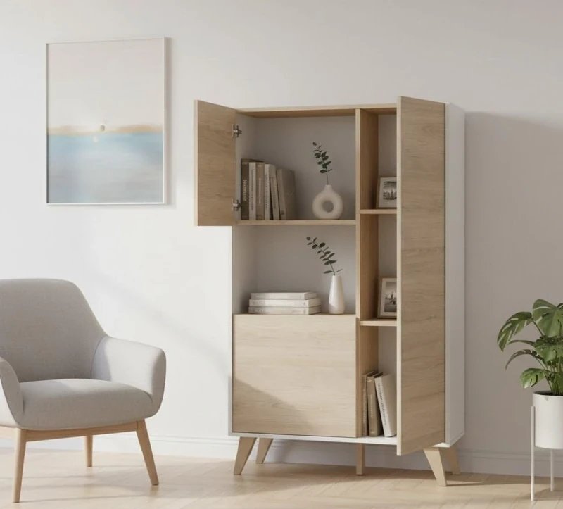 DMORA - Sideboard Boario, High buffet for living room, Modern sideboard for living room with 3 doors, 81x43h135 cm, Oak and White