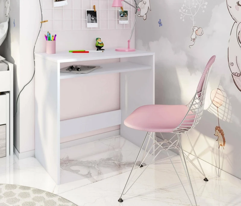 DMORA - Desk Portland, Linear writing desk with fixed shelf, Study or office table for PC, 79x43h78 cm, White