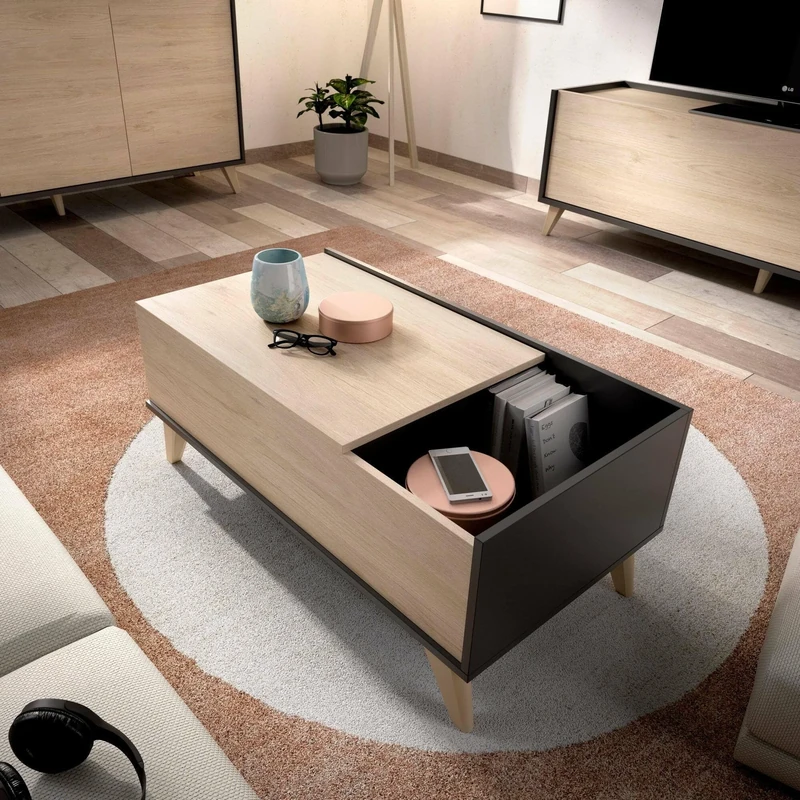 Dmora - Coffee table Cuna, Living room magazine rack with storage compartment, Low coffee table, 99x60h41 cm, Anthracite and Oak