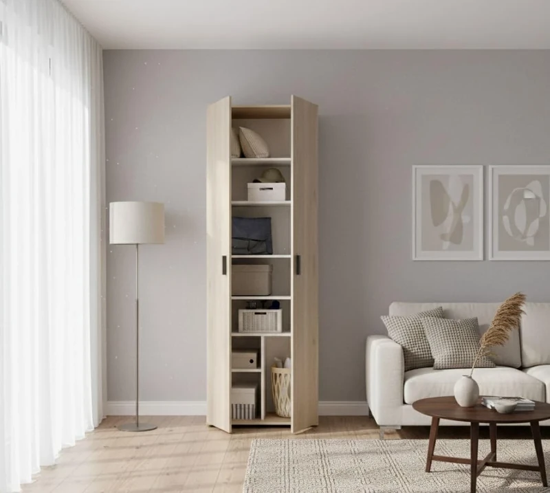 DMORA - Multipurpose wardrobe Suretta, Multifunction storage unit, Wardrobe with 2 doors, 61x35h190 cm, Oak