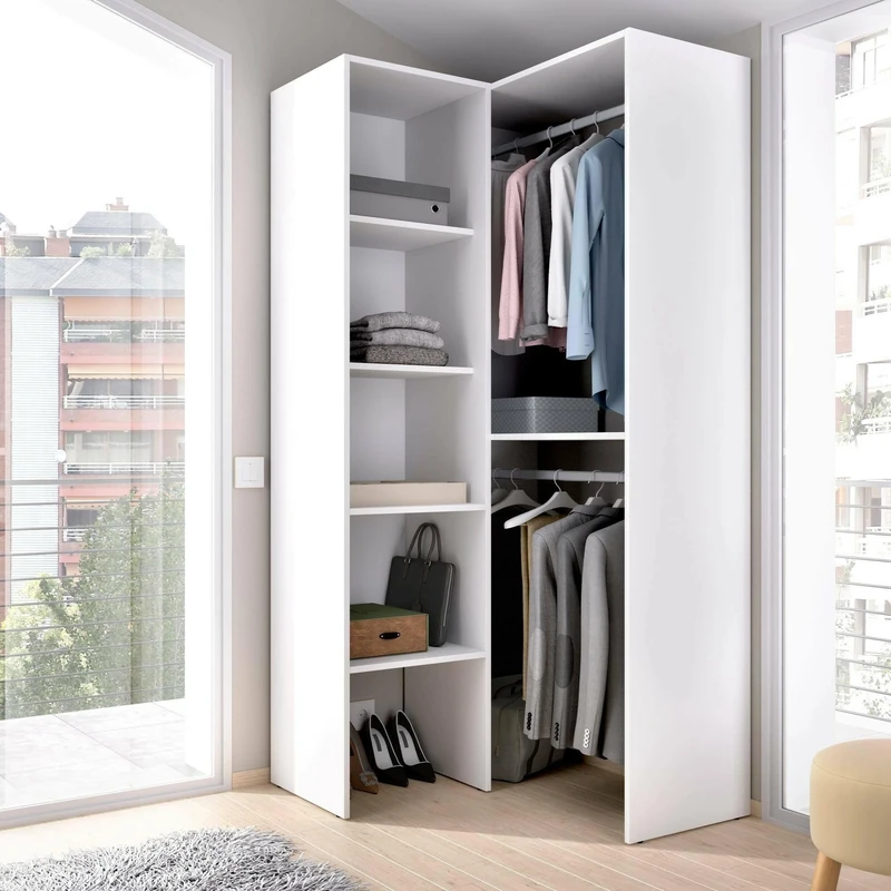 DMORA - Wardrobe Bernina, Structure for corner walk-in closet, Open corner coat rack, 79x88h186 cm, White