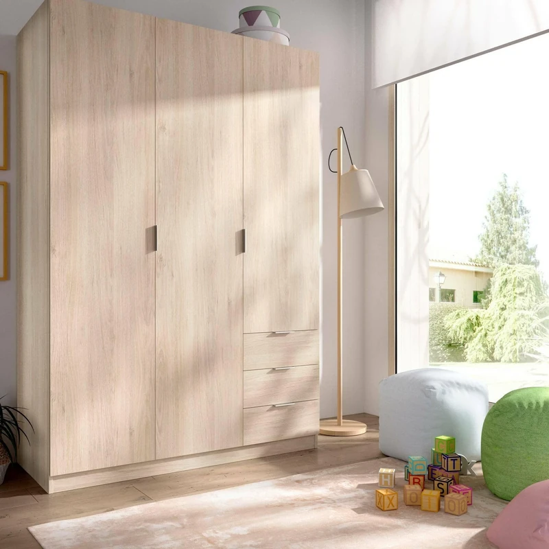 DMORA - Wardrobe Cimone, Coat rack for bedroom, Wardrobe with 3 hinged doors and 3 drawers, 121x52h184 cm, Oak