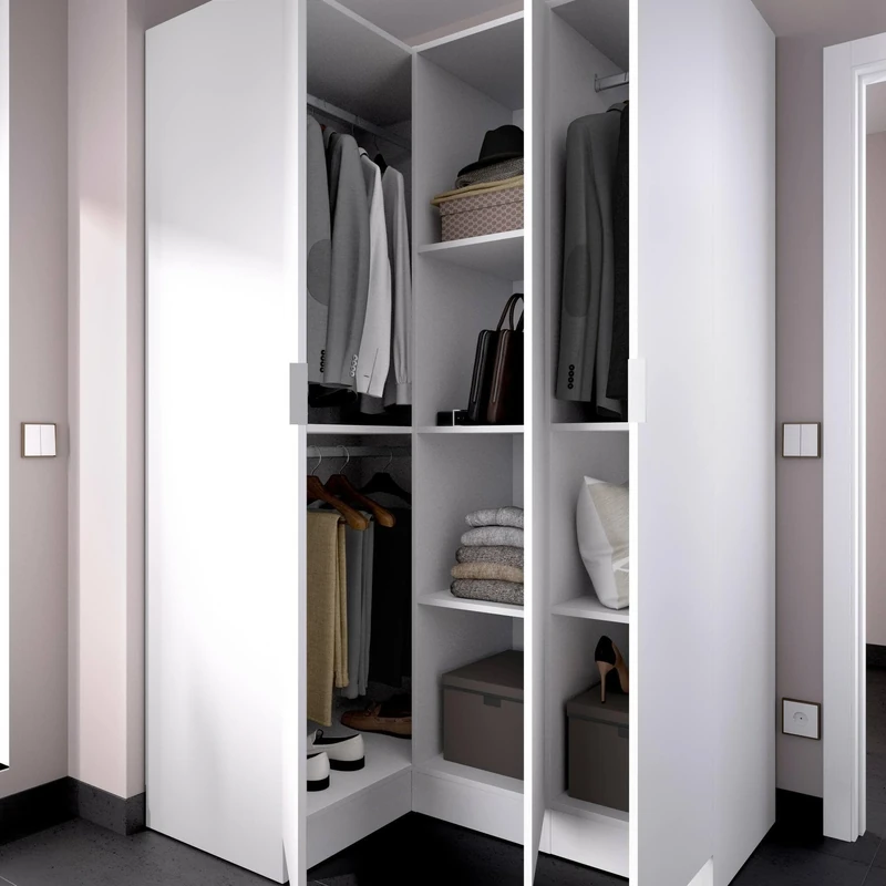 DMORA - Wardrobe Meru, Corner furniture for bedroom, Corner wardrobe with 3 hinged doors, 133x91h184 cm, White