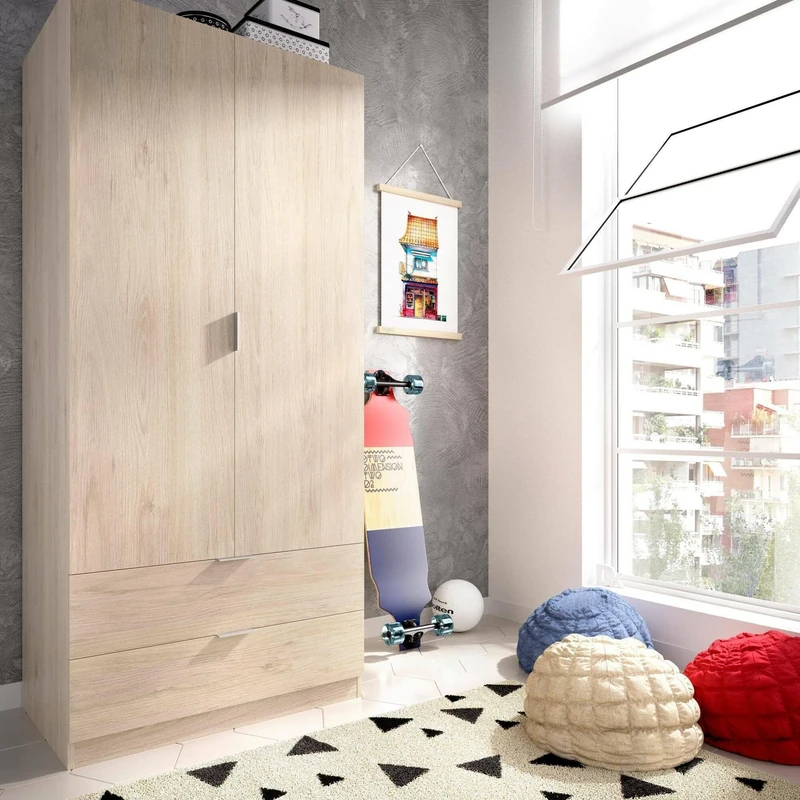 DMORA - Wardrobe Pisanino, Coat rack for bedroom, Wardrobe with 2 hinged doors and 2 drawers, 81x52h184 cm, Oak