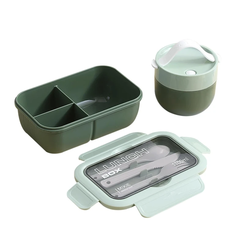 DAM Airtight Stackable Lunch Box for Food Storage, 1100 ml, Includes Bowl with Lid and Cutlery. 21 x 13 x 7.5 cm. Colour: Green - Image 1