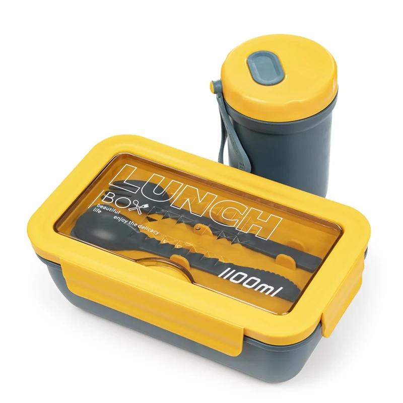 DAM Airtight Food Storage Box 1100 ml Includes Thermal Cup and Cutlery Microwave Safe 20.3 x 12.3 x 7.3 cm Colour: Navy Blue - Image 1