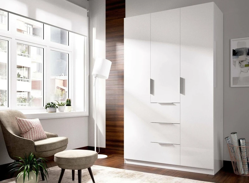 DMORA - Wardrobe Falterona, Coat rack for bedroom, Wardrobe with 3 hinged doors and 3 drawers, 135x52h204 cm, White