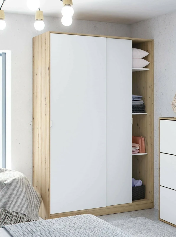 DMORA - Cloakroom Waterbury, Bedroom wardrobe with 2 sliding doors, Cabinet with 3 shelves and clothes hanger bar, 120x50h200 cm, White and Oak Nodi