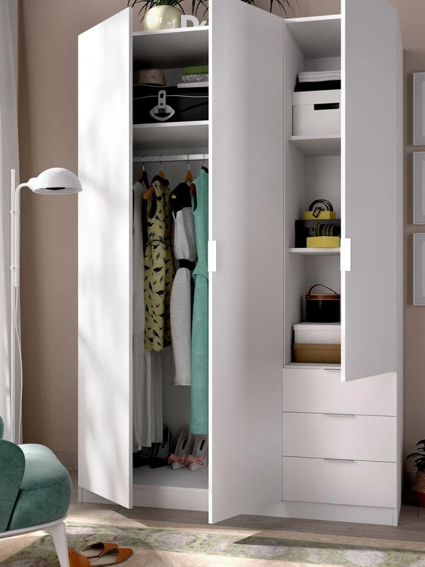 DMORA - Wardrobe Cimone, Coat rack for bedroom, Wardrobe with 3 hinged doors and 3 drawers, 121x52h184 cm, White