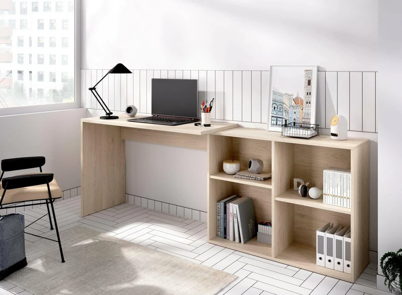 DMORA - Desk Mulaz, Multiposition desk for office or bedroom, Corner study table with shelves, 121x96h74 cm, Oak