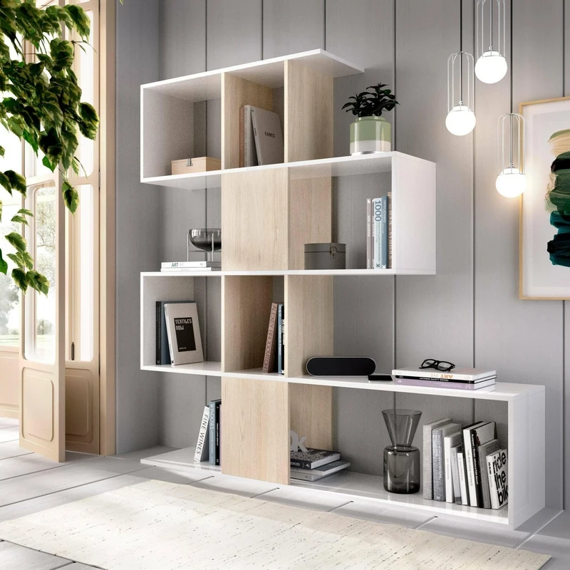 DMORA - Bookcase Moneglia, Multipurpose office shelf, Bookcase with 4 shelves, 145x29h145 cm, White and Oak