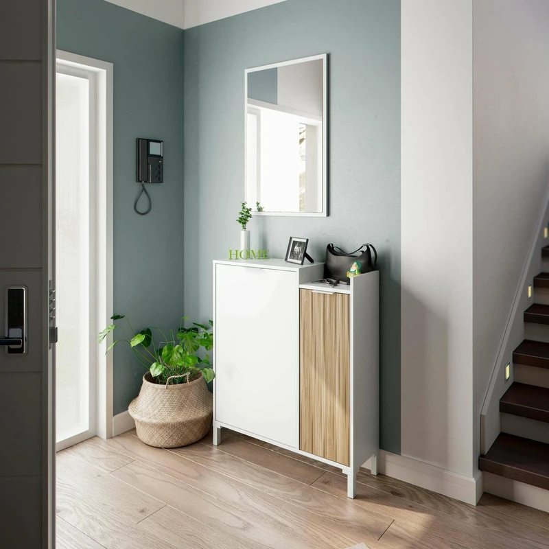 DMORA - Hall furniture Williamsport, Hallway with 2 doors, Wardrobe with mirror, Multifunction storage, 77x24h91 cm, White and Oak