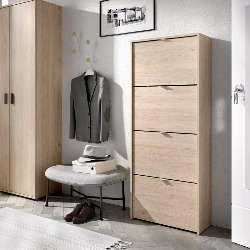 DMORA - Shoe rack Vettore, Space-saving shoe rack for entrance, Shoe cabinet with 4 flap doors, 61x25h149 cm, Oak